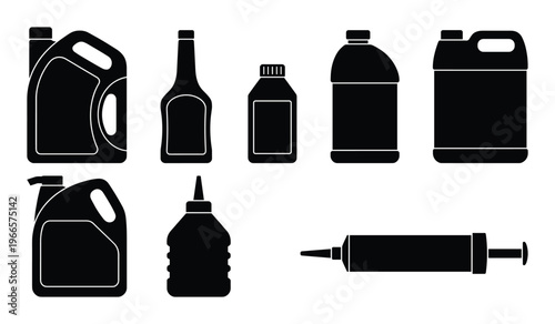 Set of black silhouette containers for liquids like oil or chemicals on transparent background