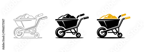 Wheelbarrow with Construction Sand Icon Set for Industrial and Gardening Design
