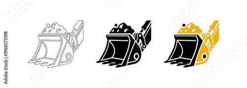 Excavator Bucket Icon Set for Construction Mining and Heavy Industrial Machinery Vector Illustration