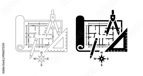 Architectural Blueprint with Engineering Tools and Compass Vector Icon Set