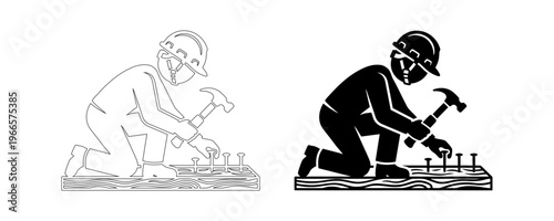 Professional Carpenter Working with Hammer and Nails Construction Worker Vector Illustration Icon