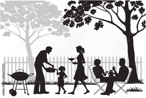 A happy family enjoys a summer barbecue gathering in their backyard, cooking food and spending quality time together outdoors.