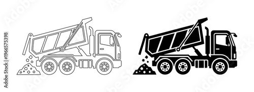 Dump truck vector icon set of heavy construction tipper vehicle for industrial delivery