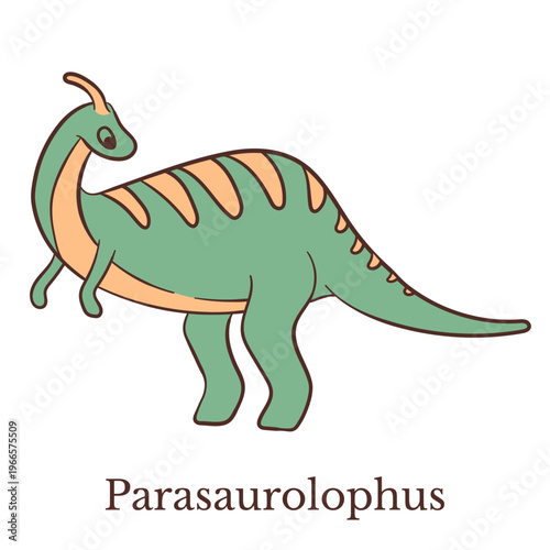 Vector illustration of Parasaurolophus dinosaur in cartoon doodle style. Colorful hand drawn dino character isolated on white background for kids room decor, pattern, card, book illustration.