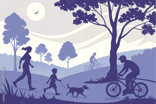 Silhouettes of people enjoying healthy outdoor activities including walking with a dog and cycling through a vibrant park landscape.