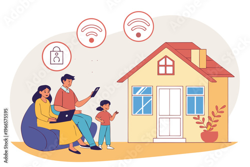 Smart Home Family Using Technology with Security Icons Illustration