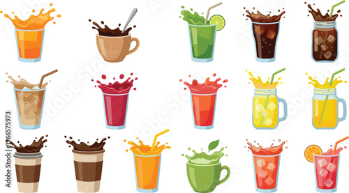 Refreshing Beverage Drinks Icon Set with Juice, Coffee, Smoothie, Soda, Lemonade, and Iced Drinks Splash Illustrations for Menu, Cafe, and Food Design