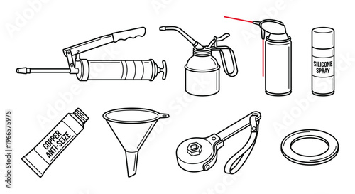 Set of eight black line art illustrations of automotive maintenance and lubrication tools