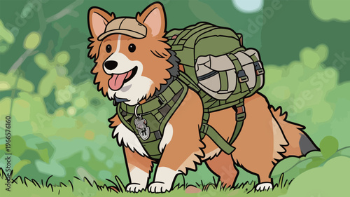 Cartoon corgi wearing a backpack stands on grass in a green forest setting