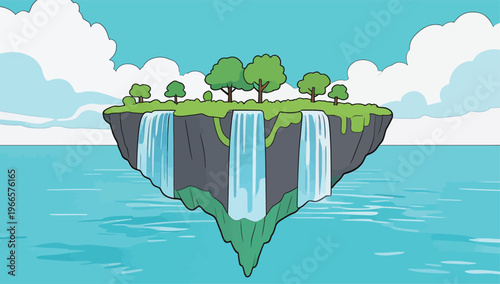 Floating island with waterfalls and trees in a bright blue sky over calm water