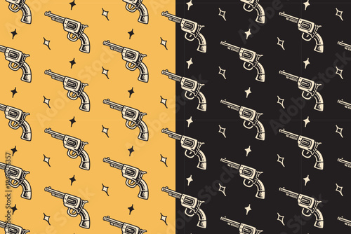 Revolver with sparkle retro seamless pattern on yellow black background for merchandise. Cowboy pistol vintage repeating pattern. Western handgun hand drawn motif wallpaper. Vector Illustration