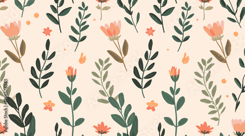 A serene and modern illustration of leaves and a blooming flower in a soft color palette, ideal for use in design projects requiring a natural and cal