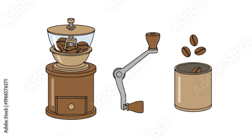 Flat lay illustration of a manual coffee grinder with coffee beans and a container on a white background.