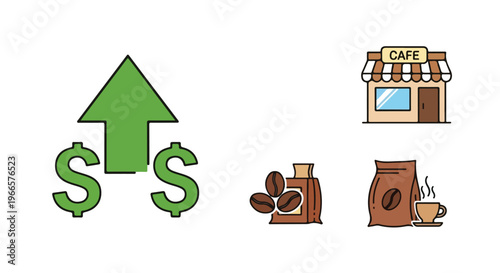 Flat lay illustration of a green up arrow with dollar signs, coffee beans, bag, and cafe storefront on a white background with warm tones.