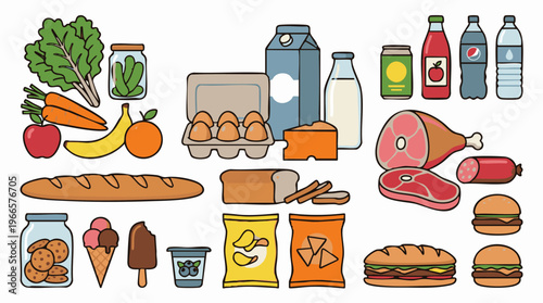 Assortment of groceries, fresh produce, snacks, drinks, and meat products