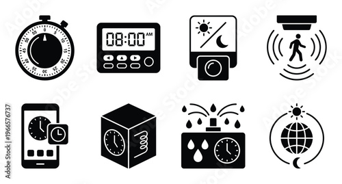 Time elements set silhouette isolated on checkered background stopwatch digital clock timer