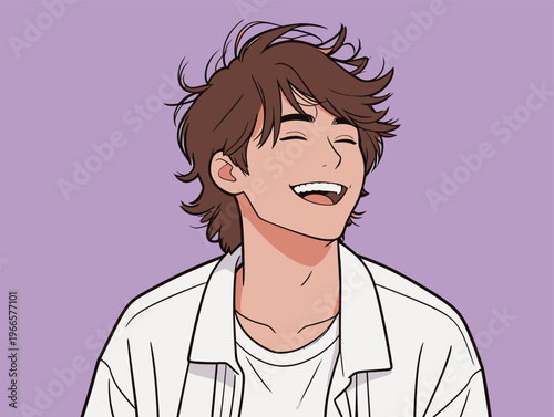 Young person smiles widely against a solid purple background during a casual moment of joy in a relaxed setting