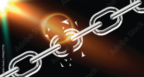Broken Chain Vector Background with Light Burst Effect, Metal Link Explosion Symbol of Freedom Strength and Power, Abstract Business Breakthrough Concept Illustration