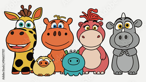Group of cartoon animals standing together with cheerful expressions in a fun and colorful setting