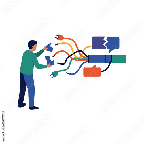 A man interacts with colorful wires and icons representing communication breakdown.