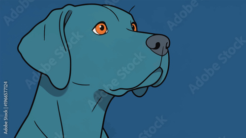 Dog with blue fur and orange eyes looks to the side against a dark background