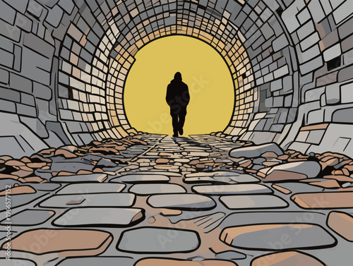 A person walks through a tunnel towards a bright light during the late afternoon in an urban setting