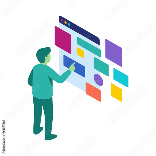 A man interacts with colorful rectangles on a large computer screen interface