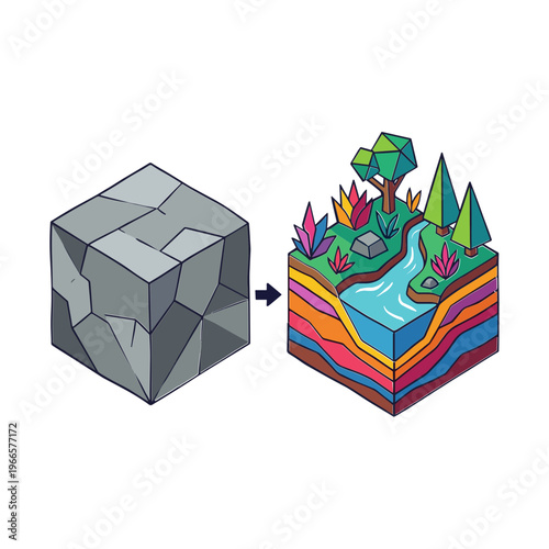 A gray cube transforms into a vibrant landscape with colorful layers, plants, and water.