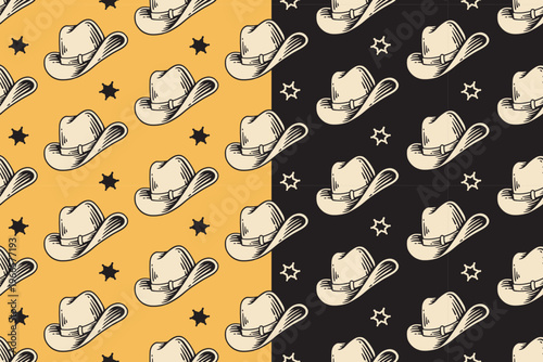 Stetson hat and sheriff star retro seamless pattern on yellow black background for merchandise. Ranch hat vintage repeating pattern. Western cowboy hat hand drawn motif wallpaper