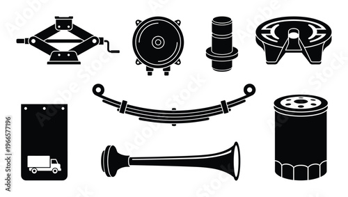 Truck parts and accessories set including hydraulic jack brake drum spring mud flap and horn