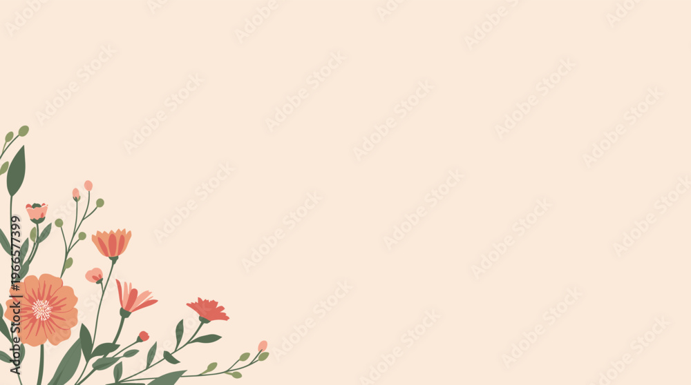 Fototapeta premium A colorful and modern illustration of a flower with green leaves on a soft background, conveying a sense of serenity and growth.