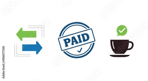 Flat lay of paid transaction icons with a cup of coffee on a clean white background.