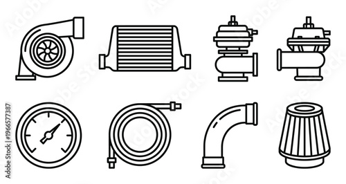 Turbocharger system components set in outline style for automotive design projects