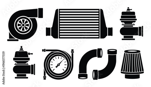 Turbocharger system components set in solid black fill for automotive design projects