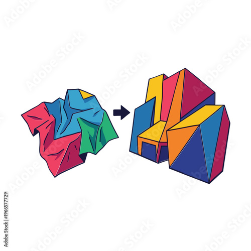 A colorful transformation changes folded crumpled paper into geometric shapes.