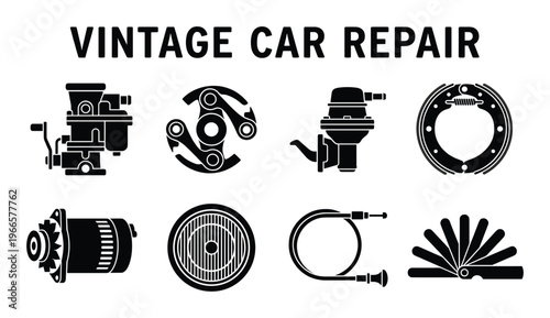 Vintage car repair vector black icons. old automobile spare parts collection for workshop