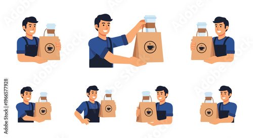 Flat lay illustration of a delivery man handling a paper bag with food and drink on a white background.