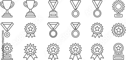 Award icons, trophy symbols, medal graphics, 20 achievement badges