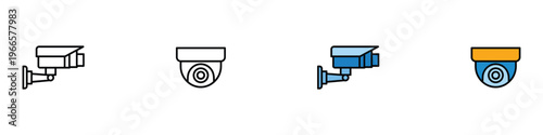 CCTV security surveillance camera icon set. Dome and bullet style private property monitoring and protection system. Vector Illustration.