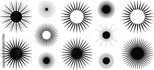 Black Sunburst Icons, Vector Graphic Elements, Abstract Design Shapes, 12 Sunburst Symbols