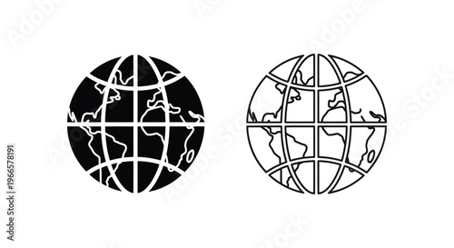 Black and white globe icons with grid lines and continents Vector