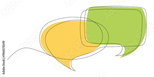 Continuous one line drawing of two speech bubbles. Yellow and green overlapping chat frames for communication and social media conversation concept. Vector Illustration.