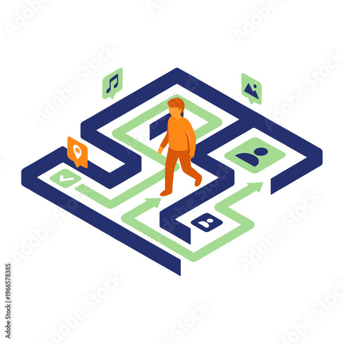 A person navigates through a complex maze with various icons and symbols