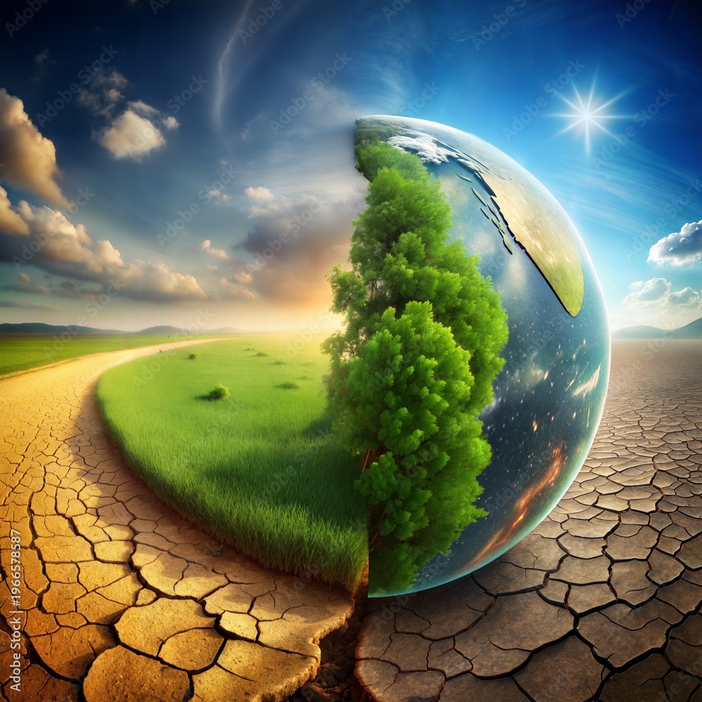 Obraz premium Green earth and desert transformation for ecology concept.