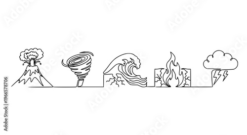 One line drawing natural disaster icons catastrophe weather hazard outline vector illustration