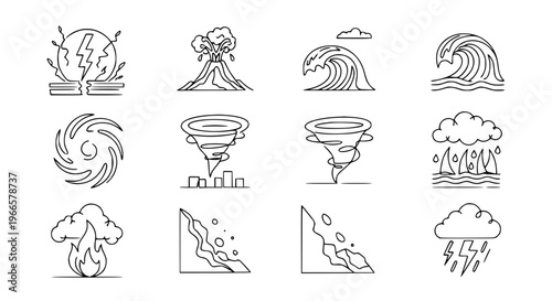 Continuous line drawing natural disaster icons set earthquake volcano tsunami outline vector illustration
