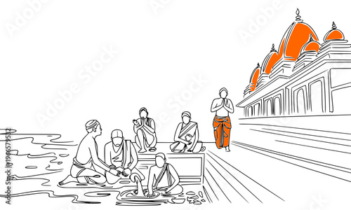 Hand-drawn line art illustration of an Indian temple ghat scene with priests performing rituals and worshippers by the river steps, with orange temple domes in the background