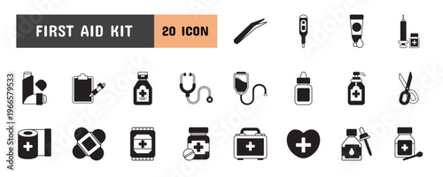 20 First Aid Kit Glyph Icon Illustration Set