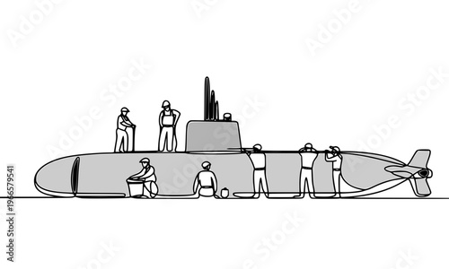 Continuous one-line drawing of a military submarine with crew members on deck, perfect for navy, defense, underwater warfare, and armed forces themed design concepts