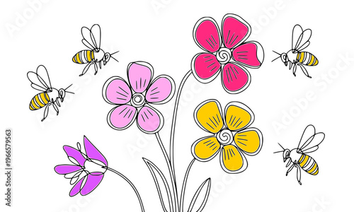 Colorful hand-drawn flowers and honeybees continuous line art illustration featuring pink, yellow, and purple blooms with flying bees, perfect for spring, nature, and pollination concepts.